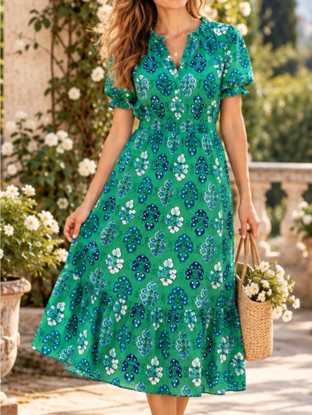 J Crew Printed Ruffle Neck MIDI Dress Size 8 Green Blue White Puff Sleeve Cotton